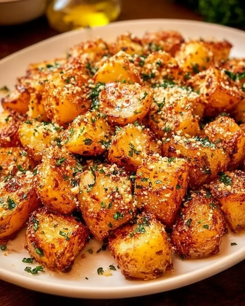 Garlic parmesan roasted potatoes on a plate, garnished with herbs.