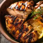 Juicy grilled chicken served on a plate with herbs and lemon.