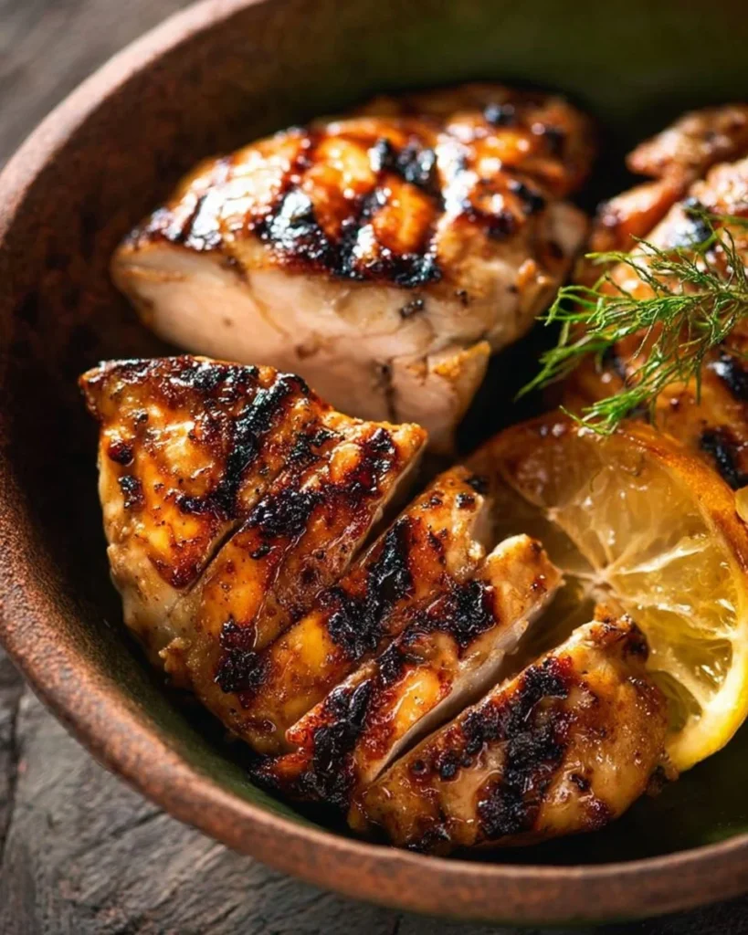 Juicy grilled chicken served on a plate with herbs and lemon.