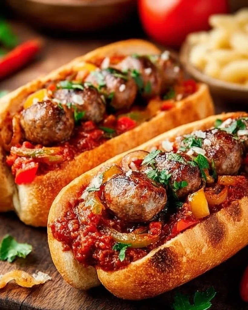 Delicious Italian sausage sandwiches with peppers and onions served on crusty rolls