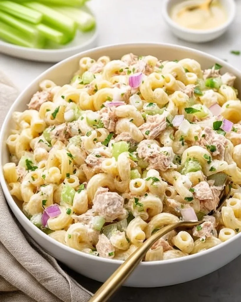 Delicious bowl of the best tuna pasta salad with vegetables