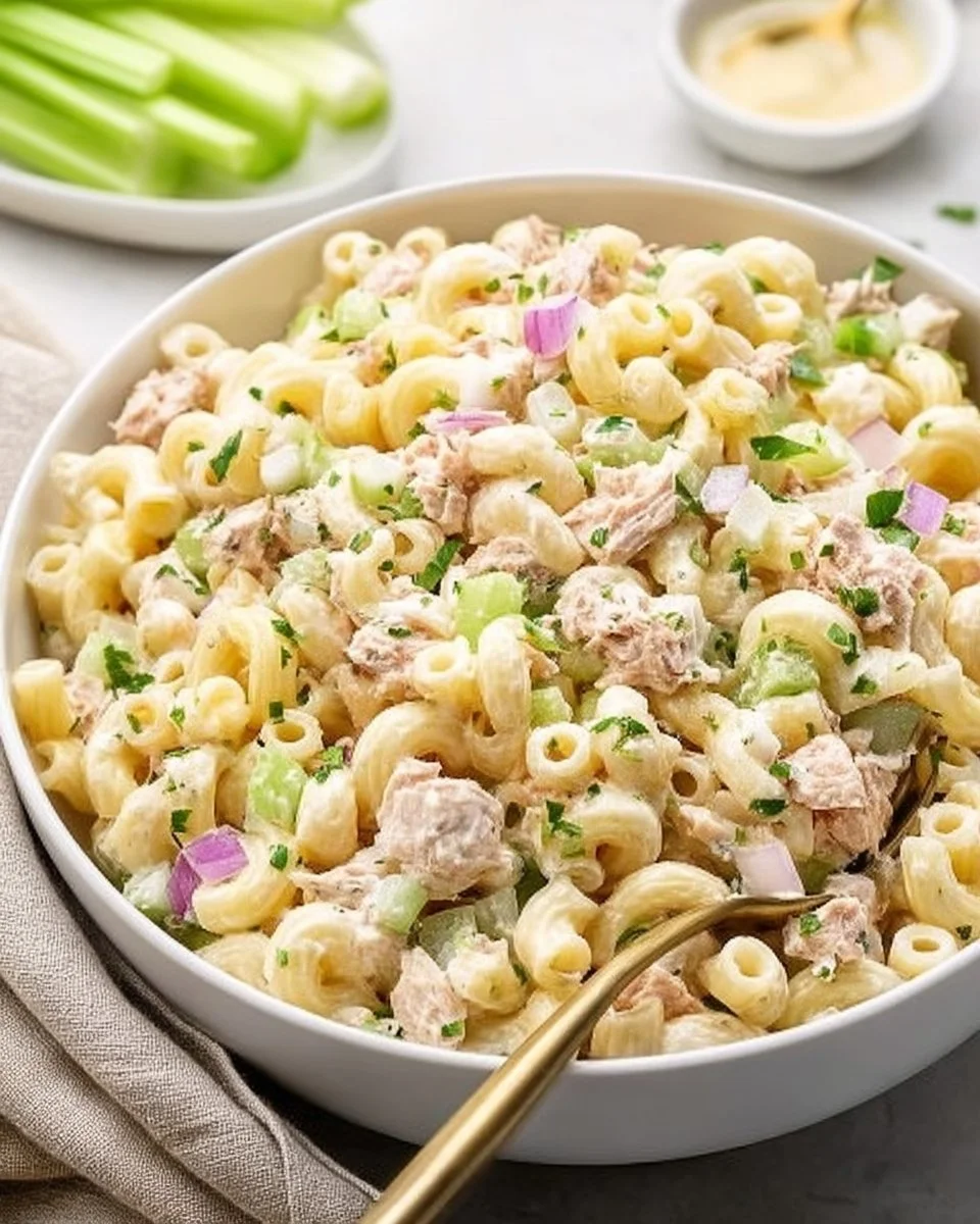 Delicious bowl of the best tuna pasta salad with vegetables