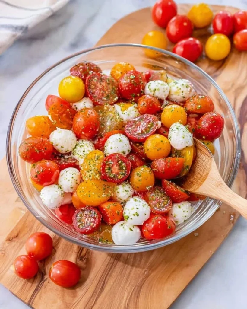 Delicious Tomato Mozzarella Salad with fresh basil and balsamic dressing