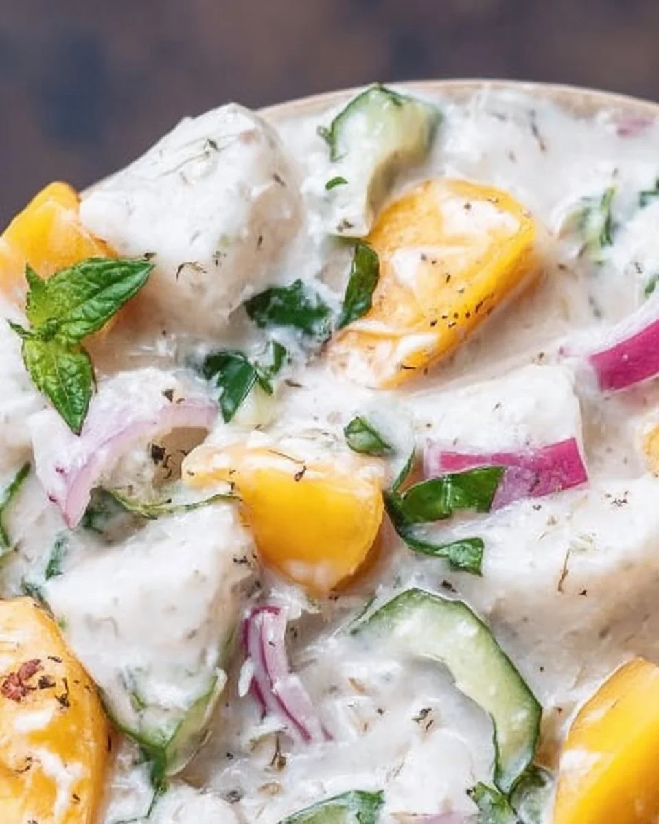 Bowl of Tropical Coconut Milk Ceviche with fresh seafood and herbs