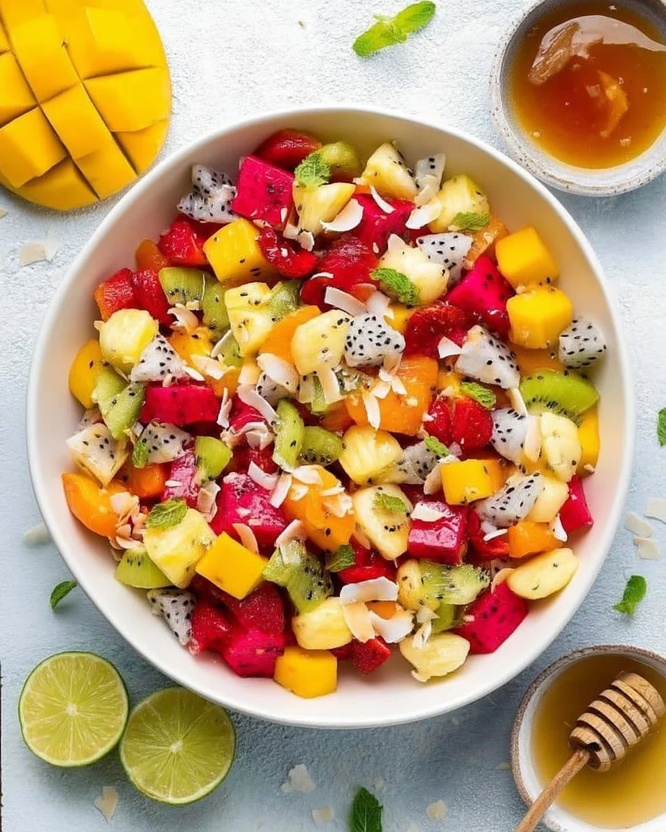Delicious tropical fruit salad with vibrant fruits like pineapple, mango, and kiwi.