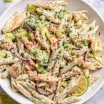 Bowl of Tuna Pasta Salad with colorful vegetables
