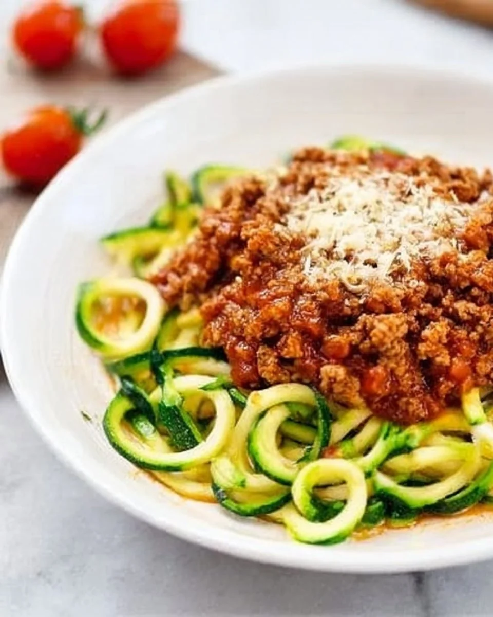 Healthy Turkey Bolognese served with zucchini noodles in a bowl.