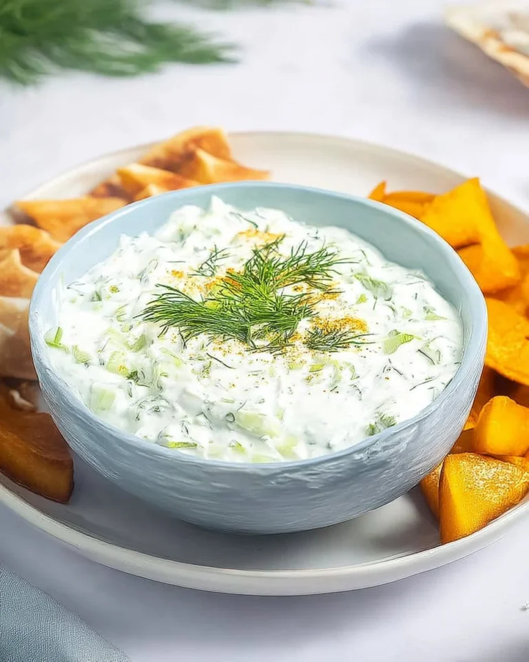 Homemade tzatziki sauce in a bowl with fresh herbs and cucumbers