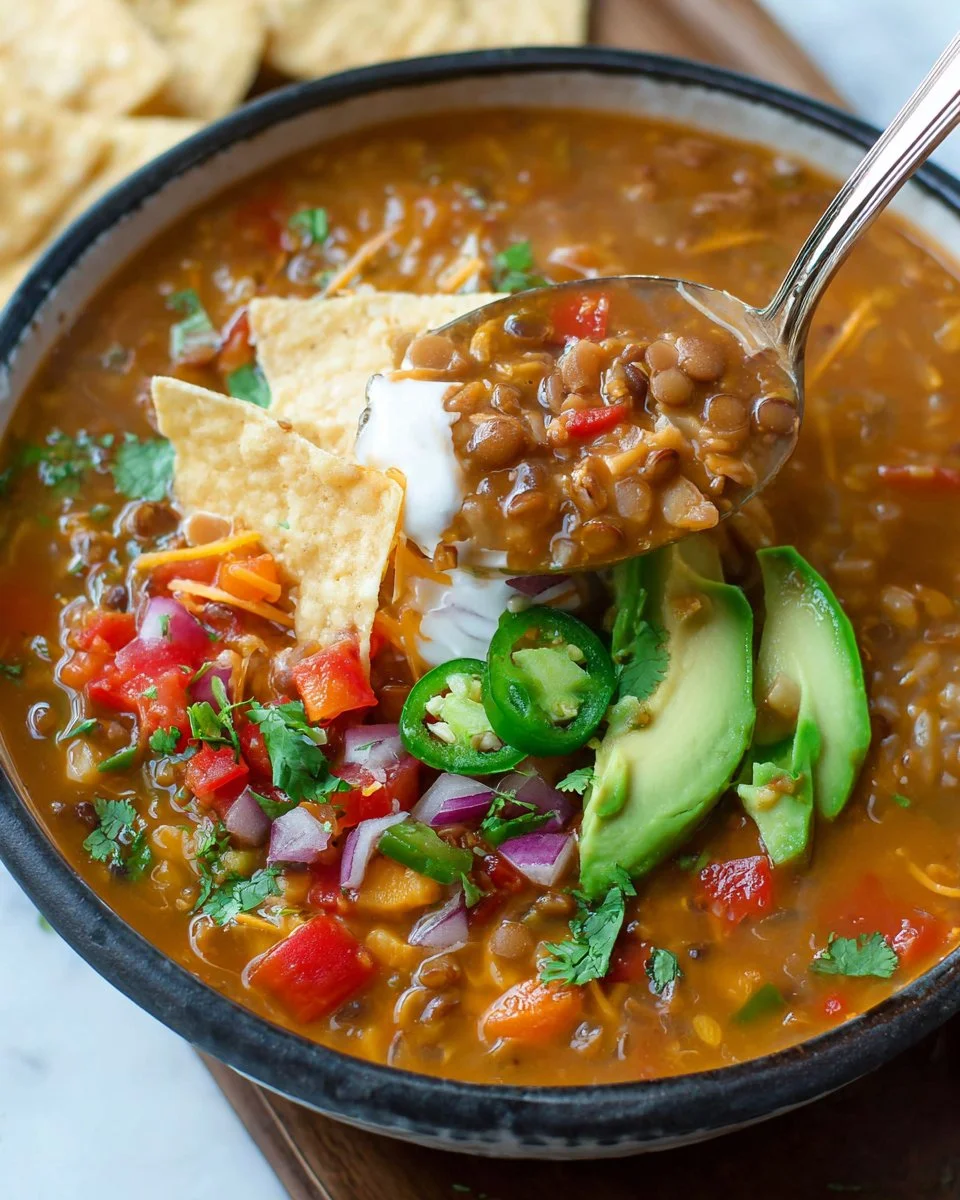 A bowl of delicious vegetarian lentil tortilla soup garnished with fresh herbs