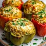 Vegetarian stuffed bell peppers filled with rice and vegetables, ready to serve.