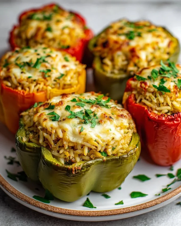 Vegetarian stuffed bell peppers filled with rice and vegetables, ready to serve.
