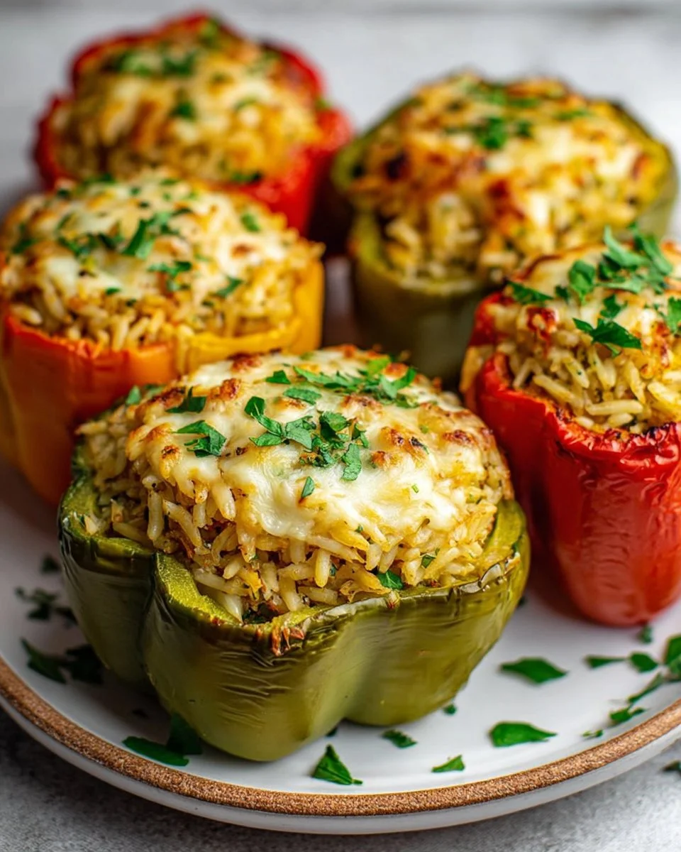 Vegetarian stuffed bell peppers filled with rice and vegetables, ready to serve.