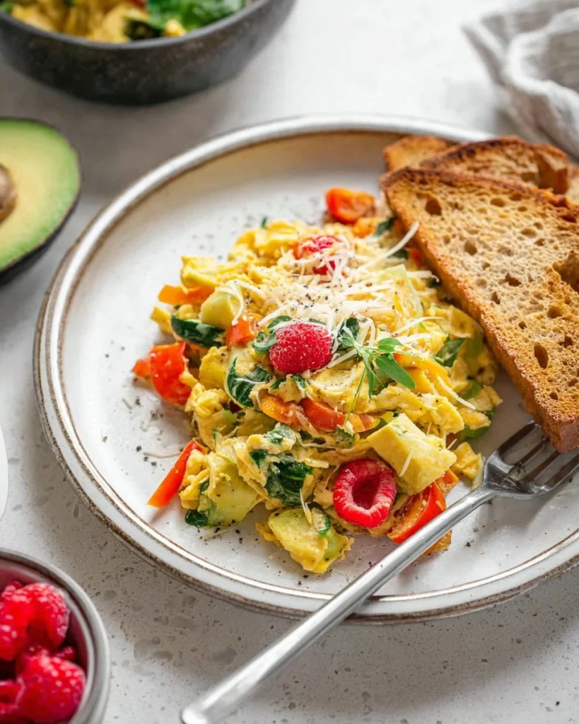 Veggie scrambled eggs with colorful vegetables in a skillet