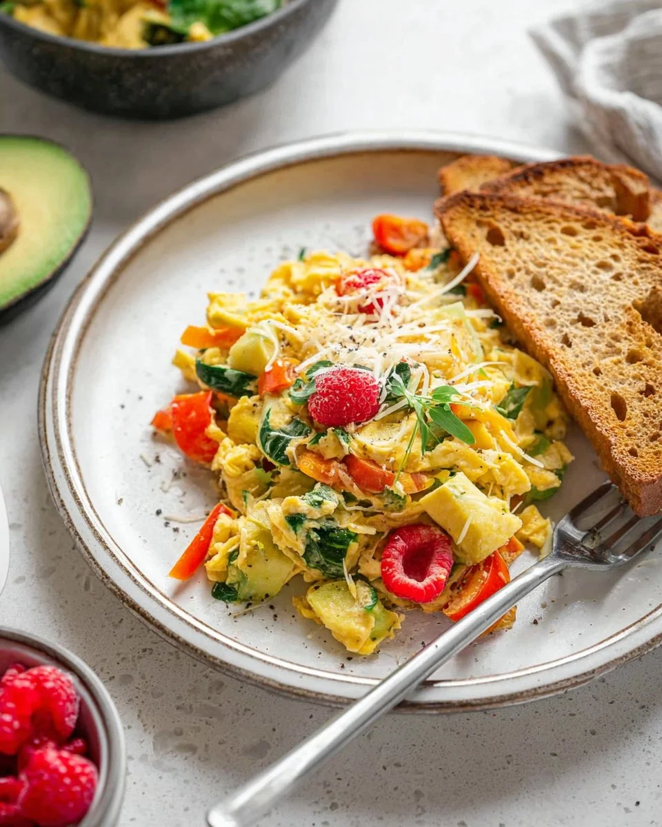 Veggie scrambled eggs with colorful vegetables in a skillet
