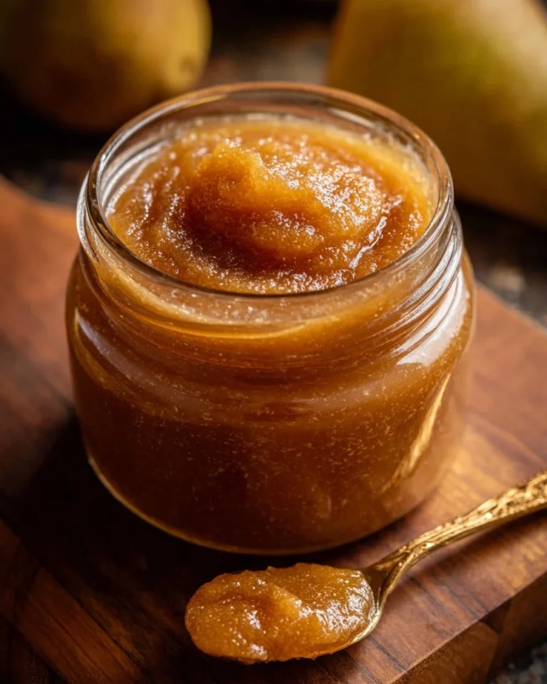 Homemade velvety smooth pear butter in a jar with fresh pears