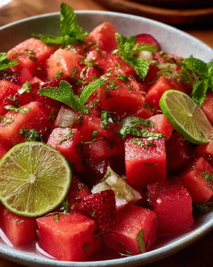 Vibrant watermelon fruit salad with lime mint dressing in a bowl