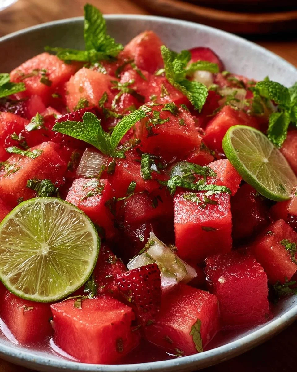 Vibrant watermelon fruit salad with lime mint dressing in a bowl