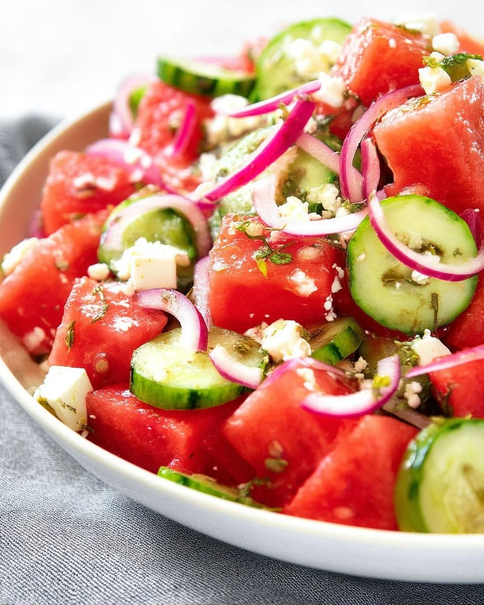 Refreshing watermelon salad with mint and feta cheese on a plate