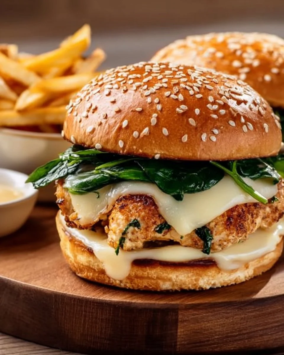 White Cheddar and Spinach Chicken Burgers served with fresh toppings