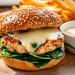 White cheddar and spinach chicken burgers on a plate