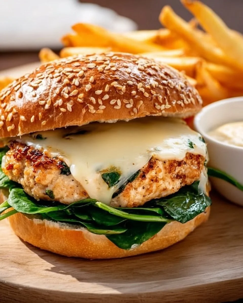 White cheddar and spinach chicken burgers on a plate