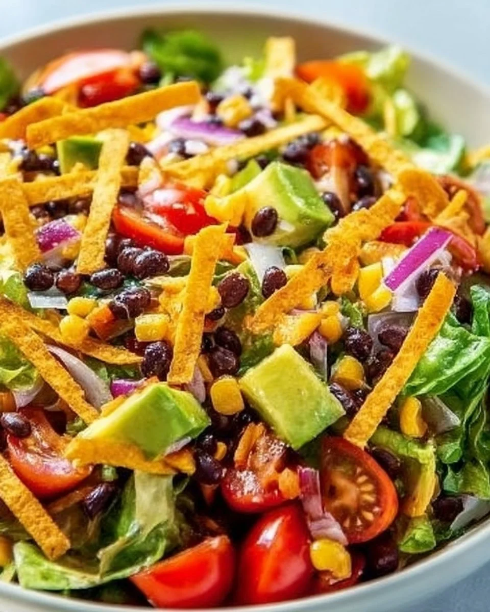Colorful bowl of Southwest Crunch Salad with fresh veggies and zesty dressing