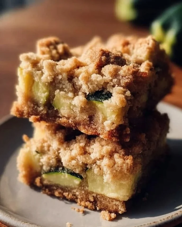 Delicious zucchini crumble bars topped with a golden crumble