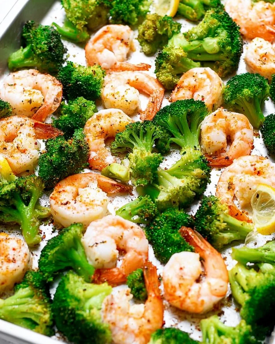 Plate of lemon butter shrimp with broccoli garnished with lemon slices
