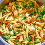 15-minute cheesy chicken pasta with vegetables in a creamy sauce