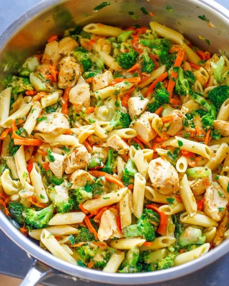 15-minute cheesy chicken pasta with vegetables in a creamy sauce