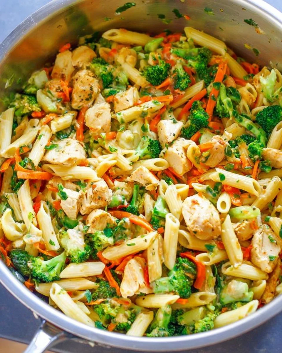 15-minute cheesy chicken pasta with vegetables in a creamy sauce