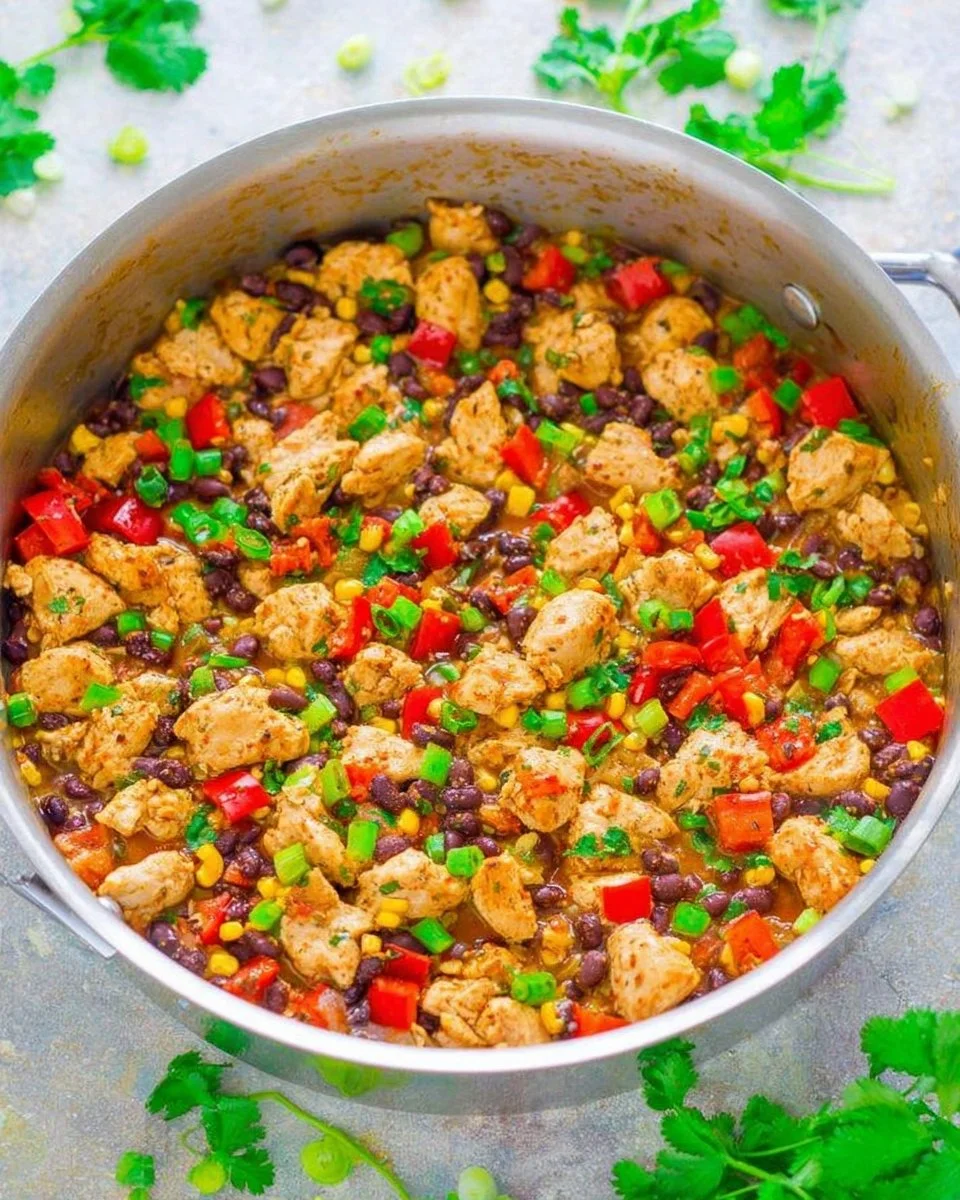 15-minute salsa black bean chicken skillet ready to serve