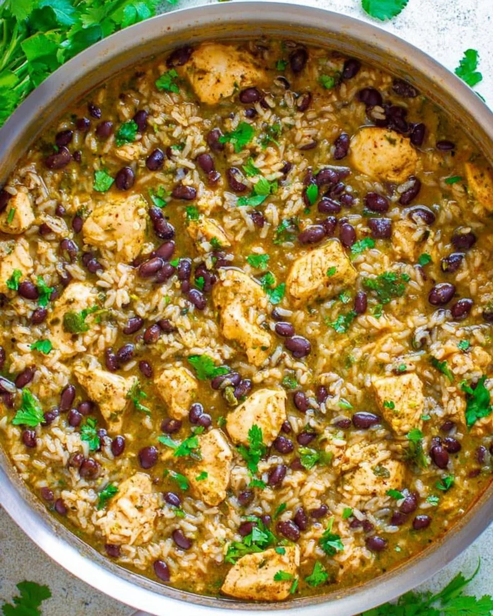 15-minute salsa verde chicken served with rice and beans