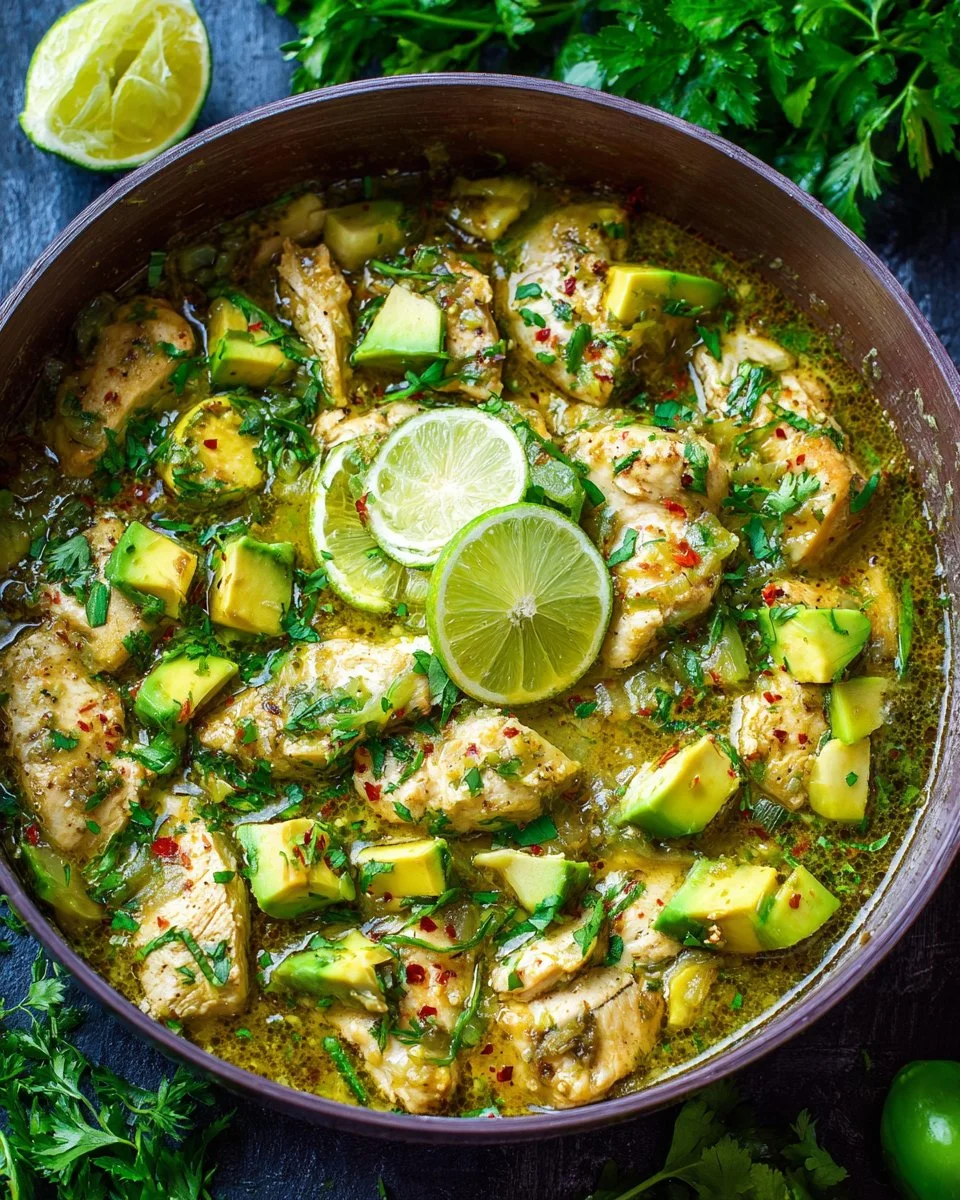 15 Minute Salsa Verde Chicken with Avocado dish garnished and served