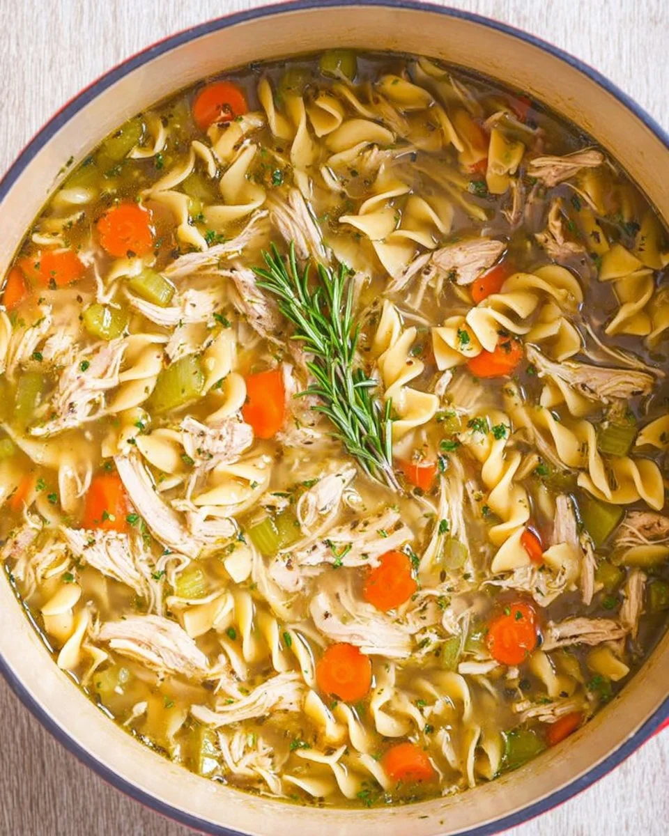 Bowl of 30-minute leftover turkey noodle soup with fresh herbs