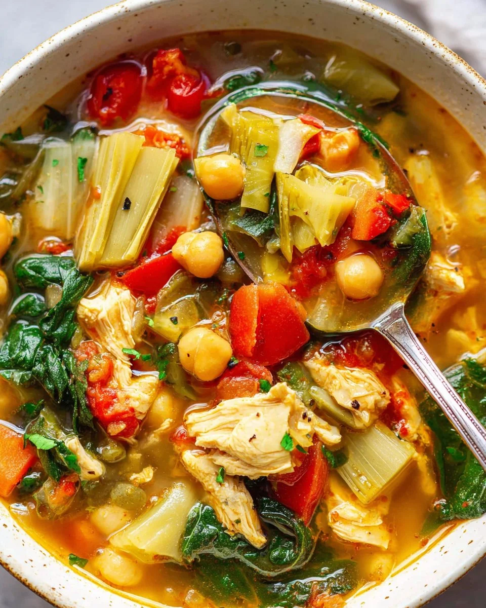 Bowl of Mediterranean Chicken Soup with fresh herbs and vegetables