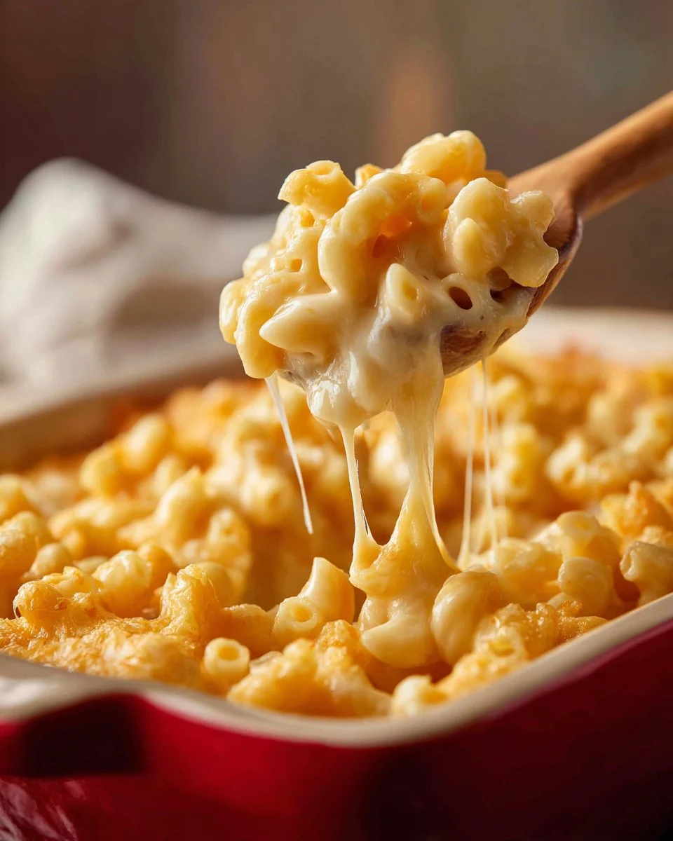 Delicious 4 Cheese Mac and Cheese topped with a golden crust