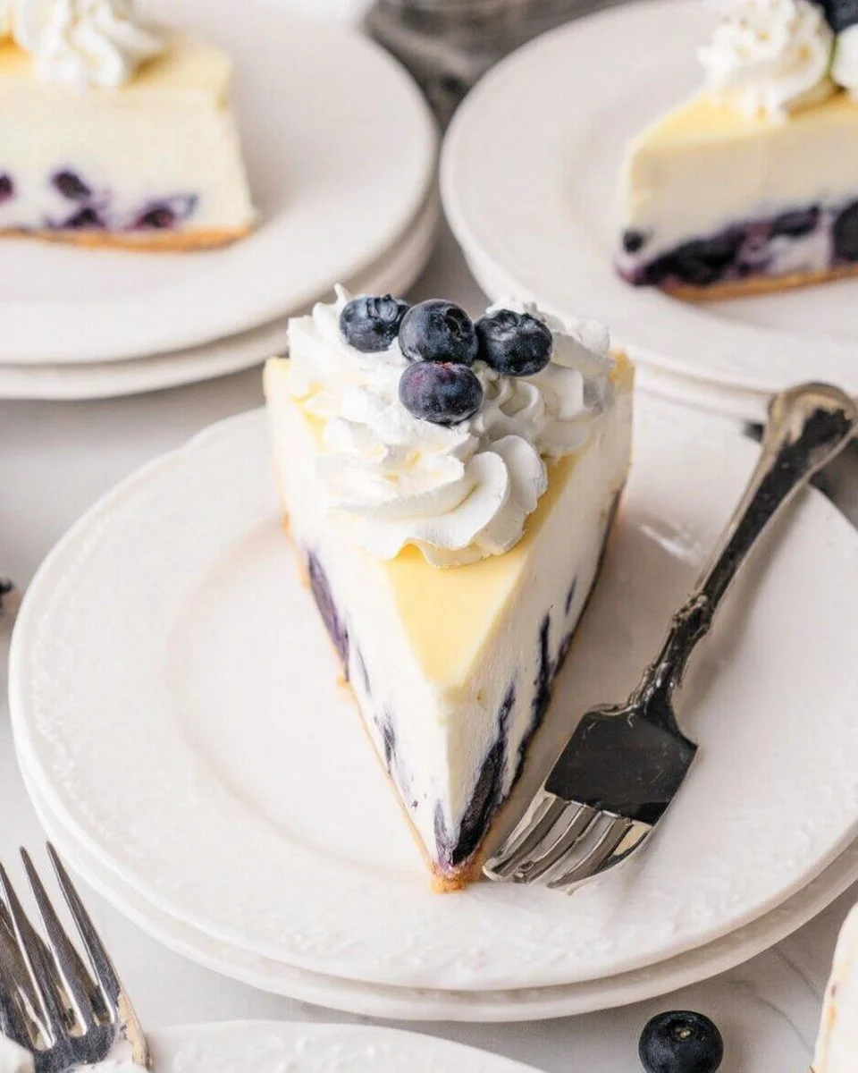 4-Ingredient Blueberry Cottage Cheesecake topped with fresh blueberries