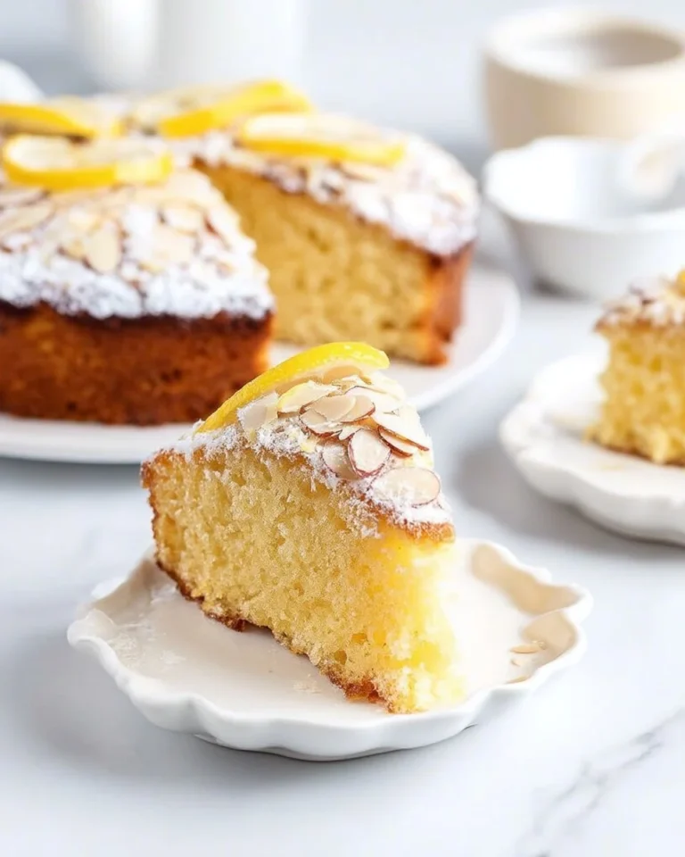 4-Ingredient Lemon Almond Cake with a zesty topping on a white plate