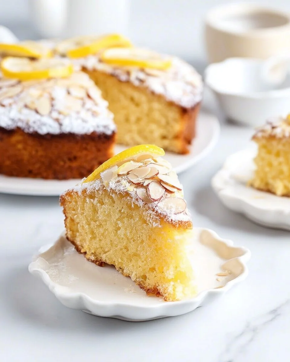 4-Ingredient Lemon Almond Cake with a zesty topping on a white plate