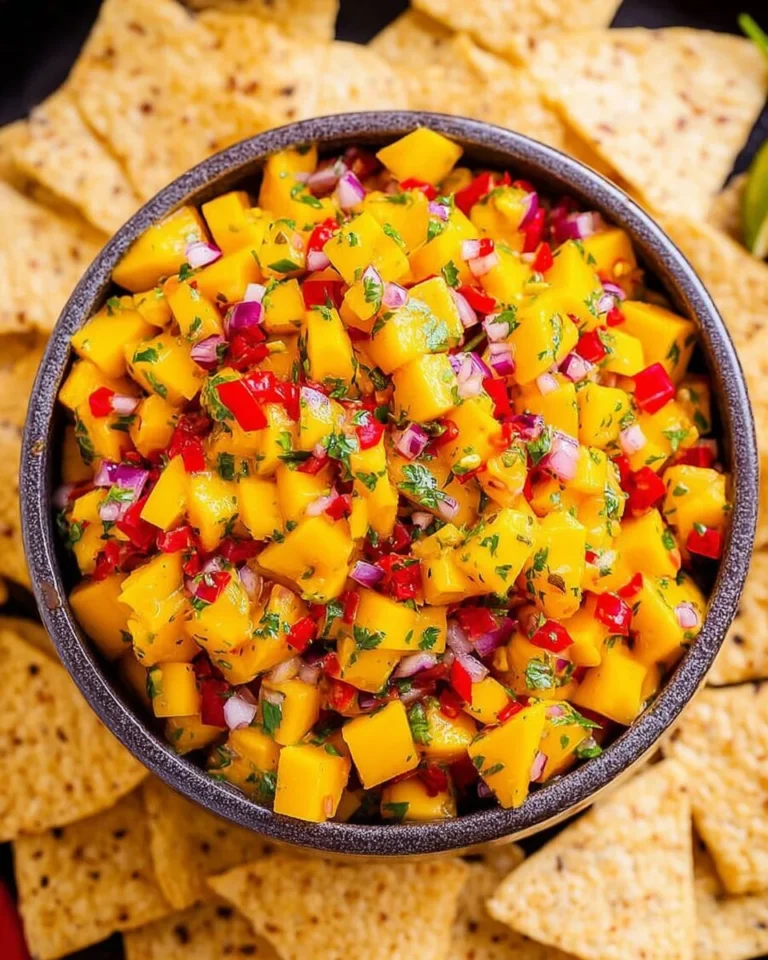 Fresh mango salsa in a bowl with colorful ingredients