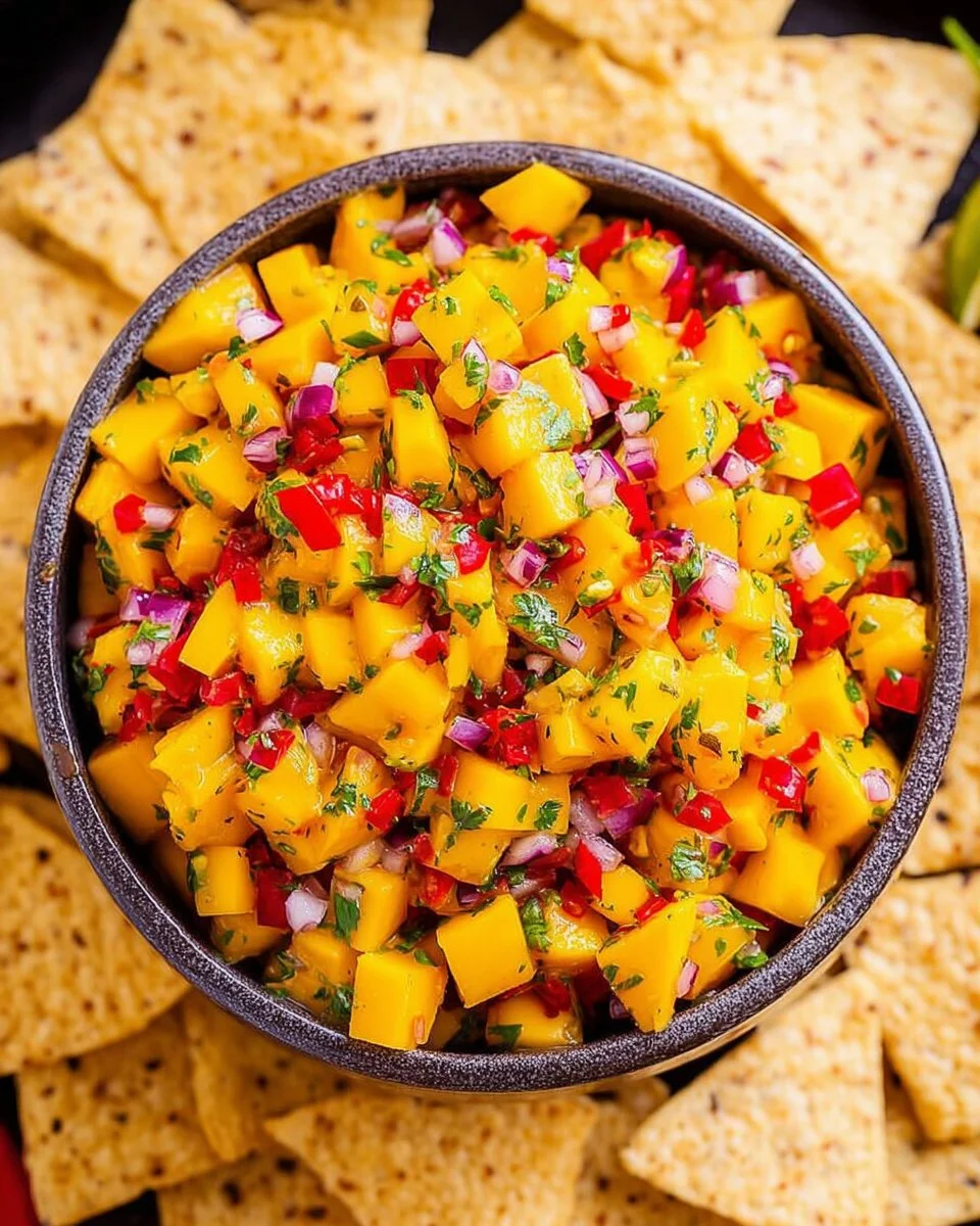 Fresh mango salsa in a bowl with colorful ingredients
