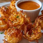 Air fryer crispy mini blooming onions cooked to golden perfection
