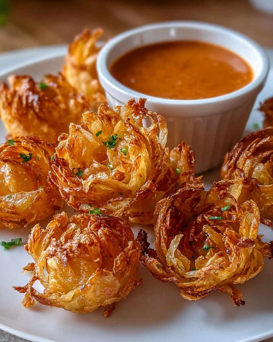 Air fryer crispy mini blooming onions cooked to golden perfection
