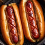 Delicious air fryer hot dogs served on a plate.