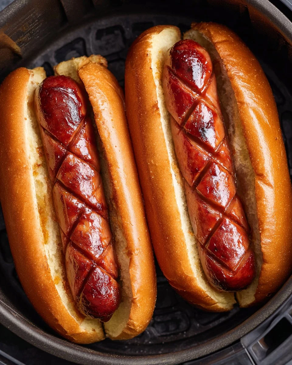 Delicious air fryer hot dogs served on a plate.