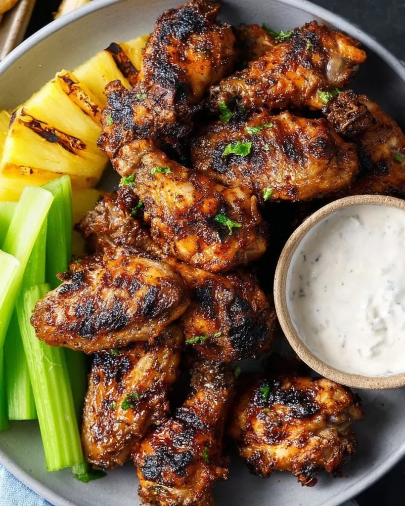 Air Fryer Jerk Chicken Wings served with dipping sauce on a plate