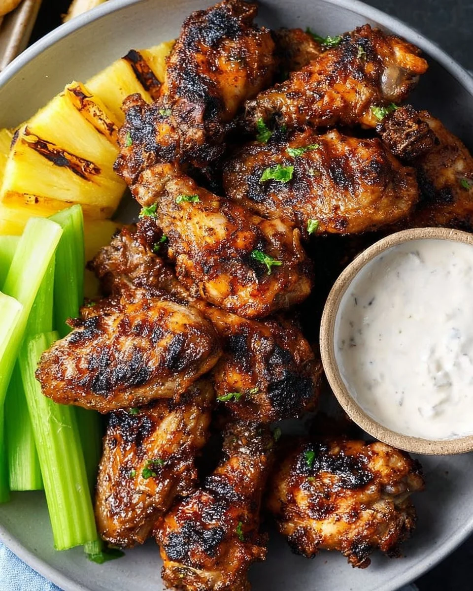 Air Fryer Jerk Chicken Wings served with dipping sauce on a plate