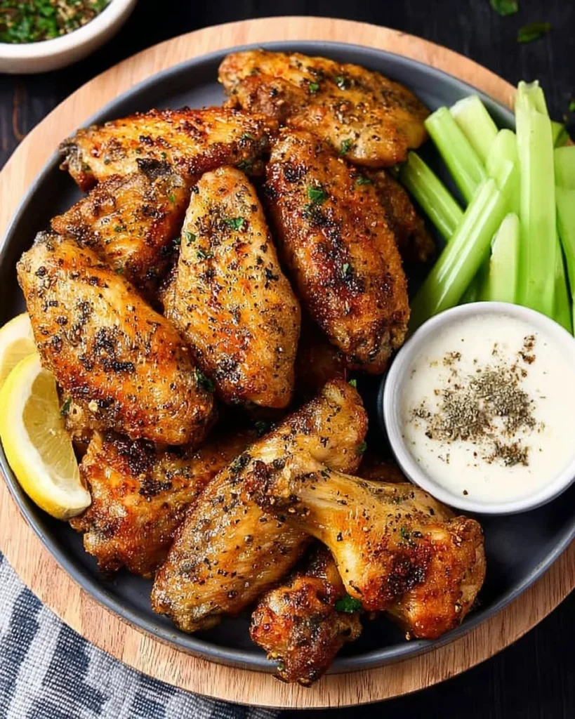 Crispy air fryer lemon pepper chicken wings served on a platter