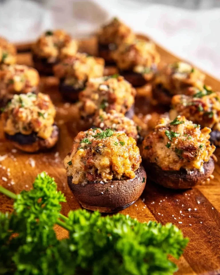 Delicious air fryer sausage stuffed mushrooms cooked to perfection, ready to serve.